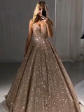 A-Line/Elegant V-neck Sequins Ruffles Floor-Length Sleeveless Prom Dresses
