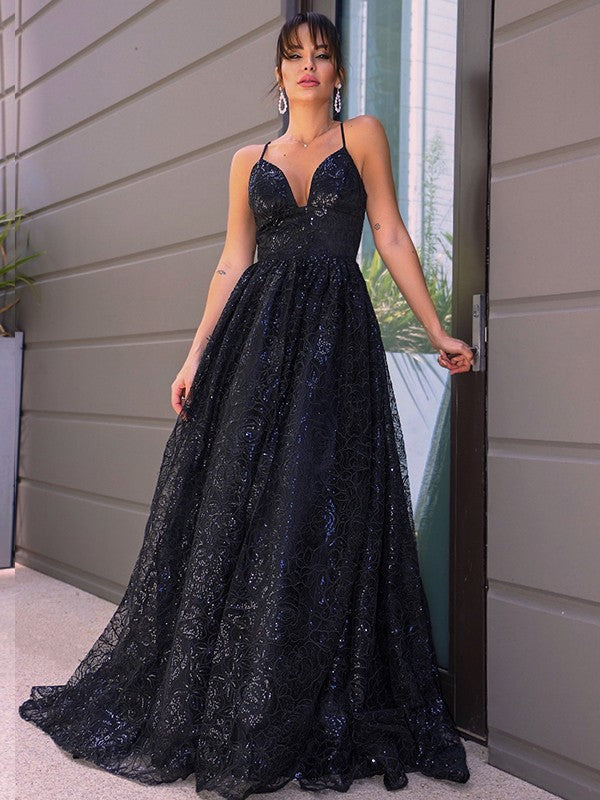 A-Line/Elegant V-neck Sequins Sleeveless Sequin Prom Dresses