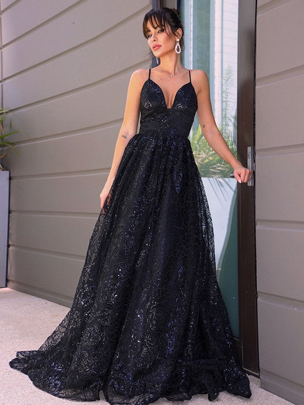 A-Line/Elegant V-neck Sequins Sleeveless Sequin Prom Evening Dresses
