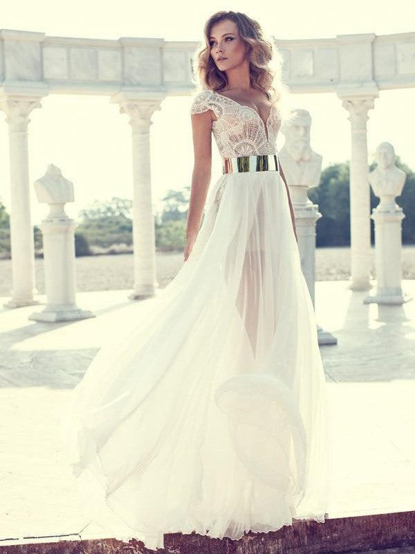 A-Line/Elegant V-neck Short Sleeves Lace Floor-Length Chiffon Prom Dresses