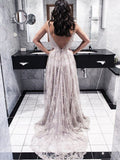 A-Line/Elegant V-Neck Sleeveless Applique Lace Prom Dresses