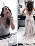 A-Line/Elegant V-Neck Sleeveless Applique Lace Prom Dresses