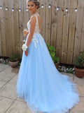 A-Line/Elegant V-neck Sleeveless Applique Tulle Prom Dresses