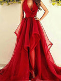 A-Line/Elegant V-Neck Sleeveless Asymmetrical Ruffles Organza Prom Dresses