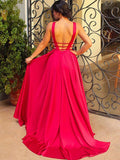 A-Line/Elegant V-Neck Sleeveless Elastic Woven Satin Prom Dresses