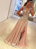A-Line/Elegant V-neck Sleeveless Floor-Length Applique Silk like Satin Prom Dresses