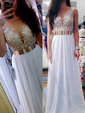 A-Line/Elegant V-neck Sleeveless Floor-Length Beading Chiffon Prom Dresses