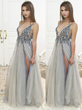 A-Line/Elegant V-Neck Sleeveless Floor-Length Beading Tulle Prom Dresses
