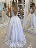 A-Line/Elegant V-Neck Sleeveless Floor-Length Lace Tulle Prom Dresses