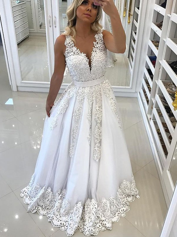 A-Line/Elegant V-Neck Sleeveless Floor-Length Lace Tulle Prom Dresses