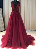 A-Line/Elegant V-neck Sleeveless Ruffles Tulle Prom Dresses