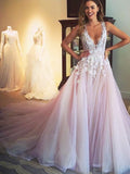 A-Line/Elegant V-neck Tulle Sleeveless Applique Prom Dresses