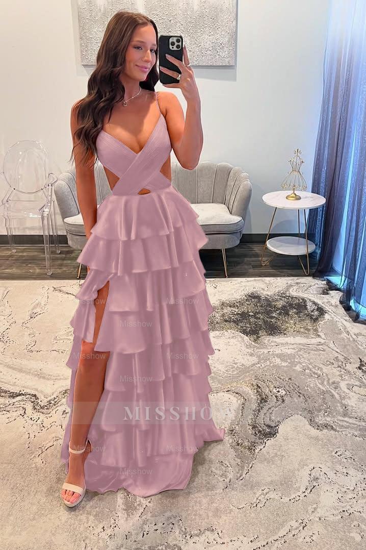 Spaghetti Strap Sleeveless Long Split Formal Dress With Ruffles