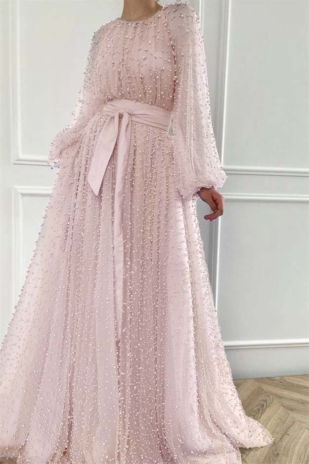 Long Sleeves Long Jewel Neck Formal Dress With Pleated Beading