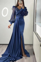 V Neck Long Sleeves Sequins Mermaid Split Formal Dress With Ruffles