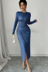 Long Sleeves Jewel Neck Tea Length Formal Dress With Split Pleated