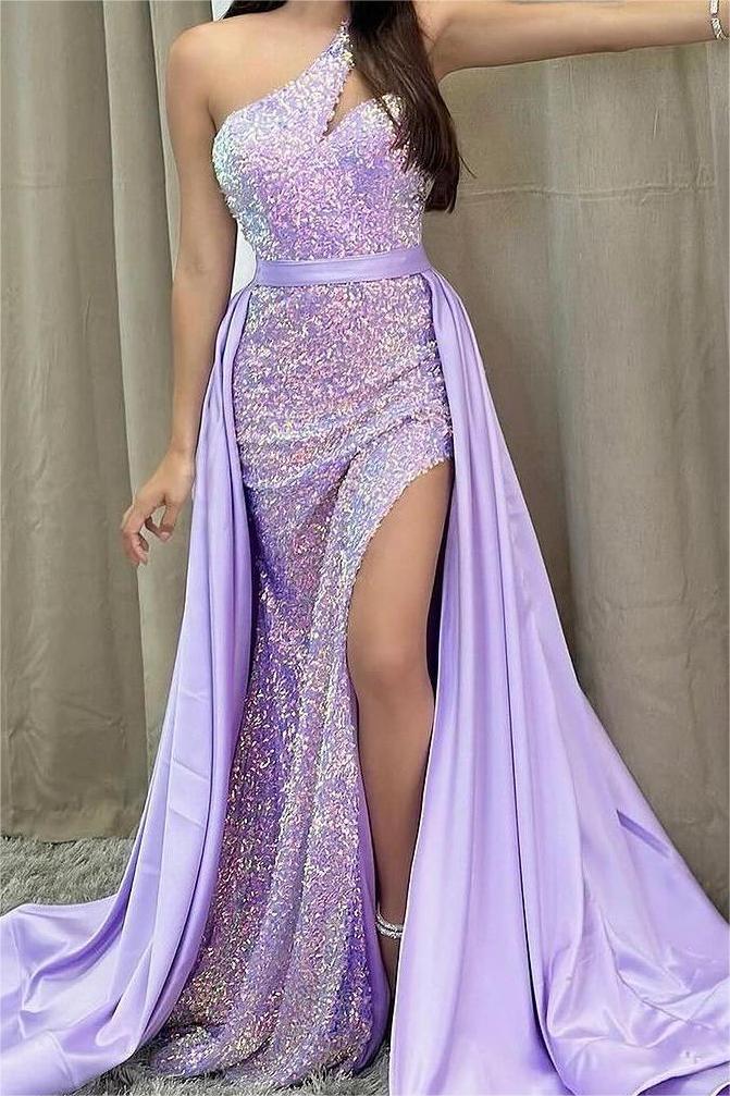 Chic Lilac Sequins One Shoulder Sleeveless Mermaid Split Formal Dress With Belt
