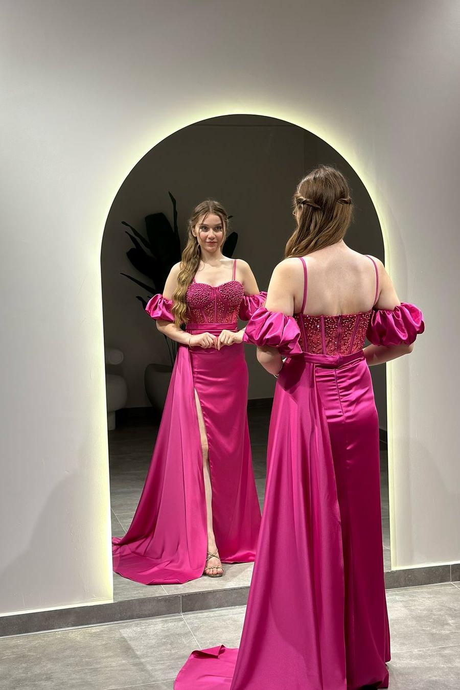 Sweetheart Bubble Sleeves High Split Long Formal Dress With Beading