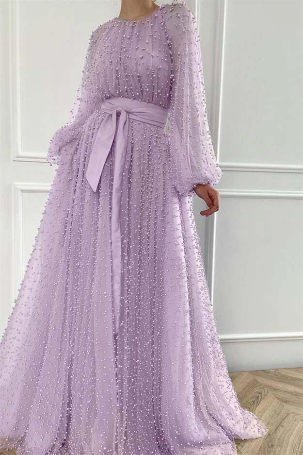 Long Sleeves Long Jewel Neck Formal Dress With Pleated Beading