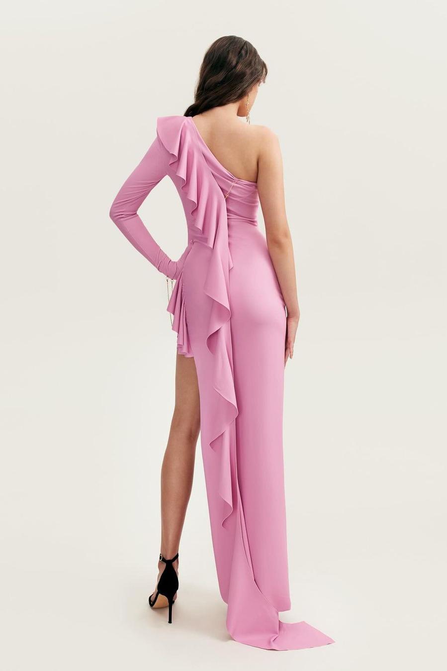 One Shoulder Long Sleeves High Split Long Formal Dress With Ruffles