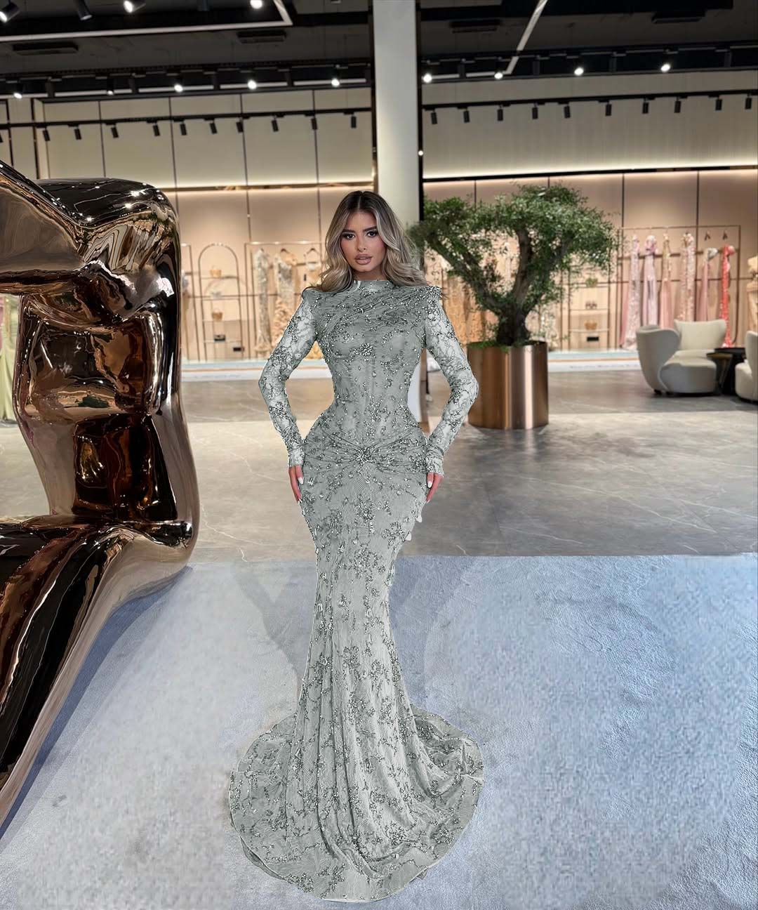 High Neck Long Sleeves Long Mermaid Formal Dress With Beading Pleated