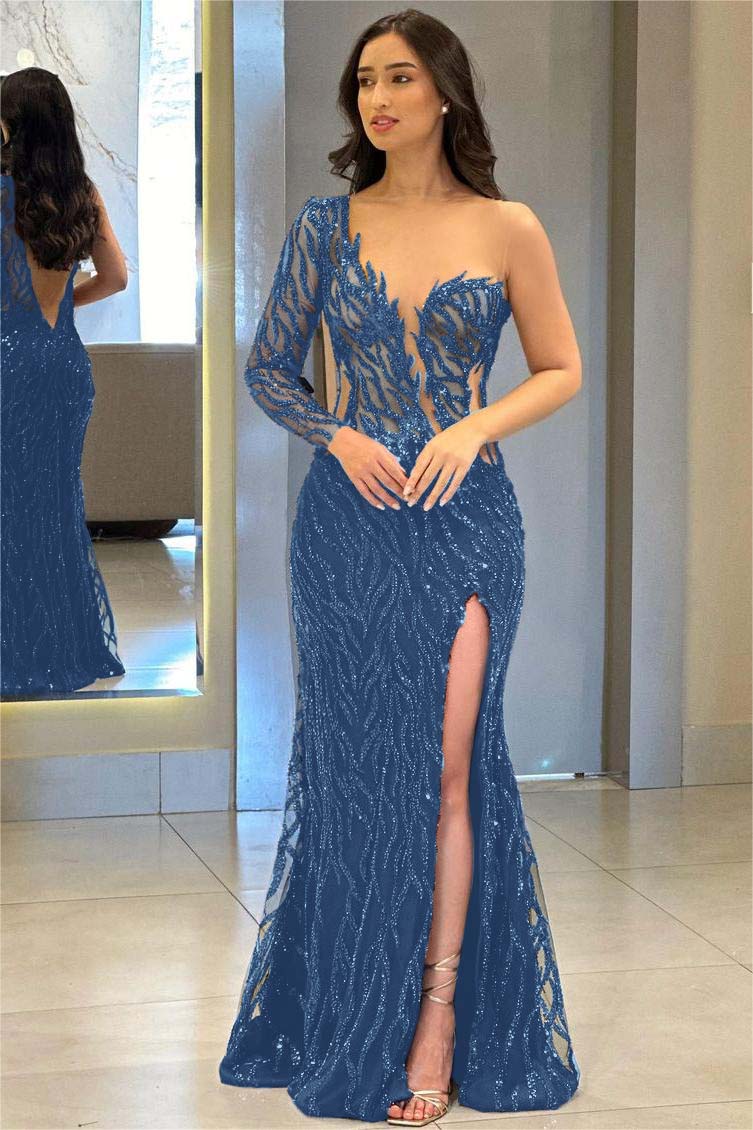 One Shoulder One Long Sleeve Backless Mermaid Split Formal Dress With Appliques