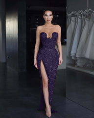 Strapless Sleeveless Long Mermaid Split Formal Dress With Sequins
