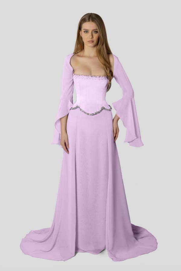 Chiffon Long Sleeves Long Mermaid Formal Dress With Beading Pleated