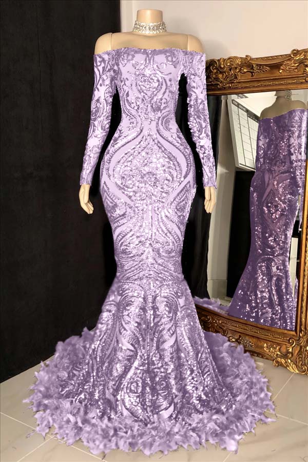 Long Sleeves Strapless Mermaid Formal Dress Sequins Burgundy With Feather