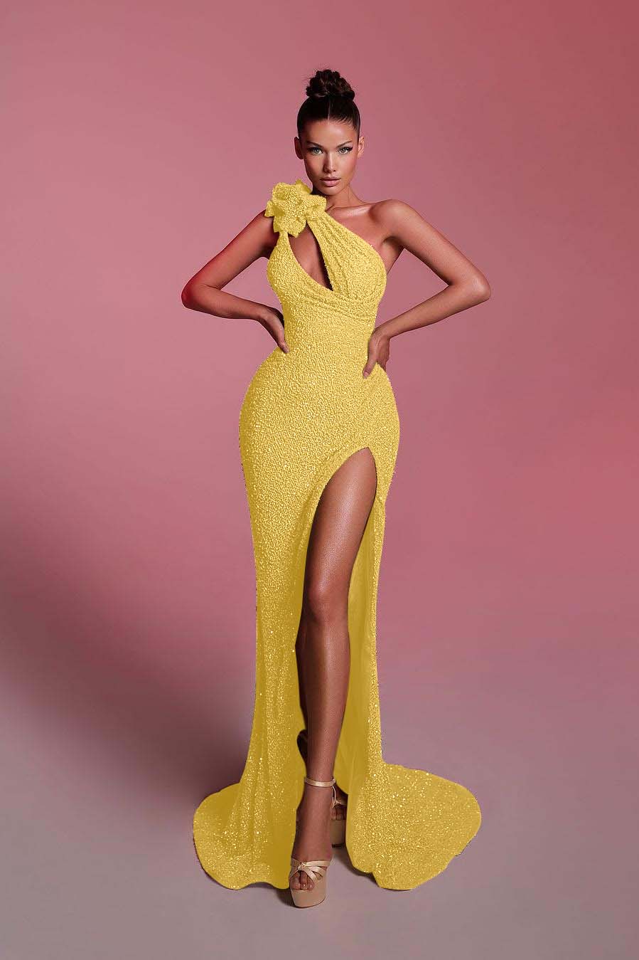 Charming Sequins One Shoulder Sleeveless Long Formal Dress With Front Split