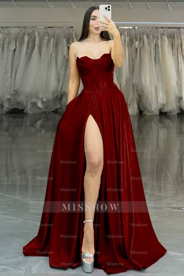 Strapless Sleeveless Long High Split Formal Dress With Pleated