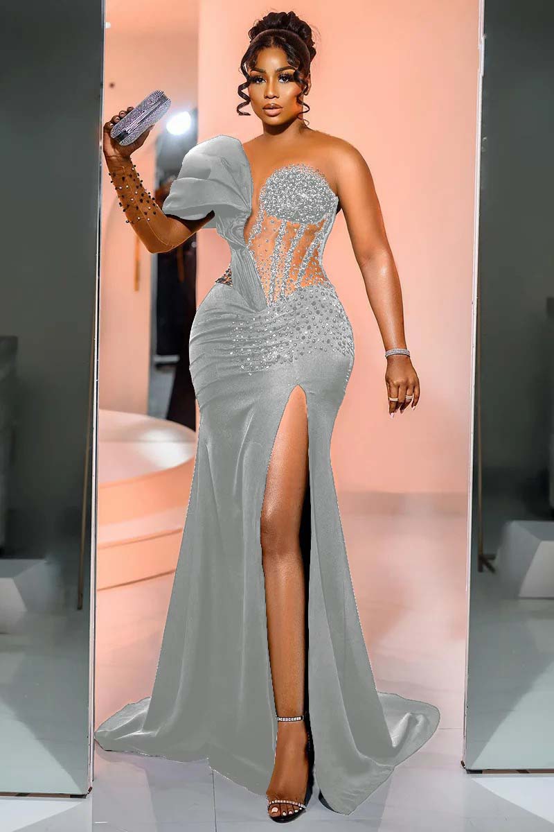 One Shoulder Long Sleeve Long Mermaid Formal Dress With Beading