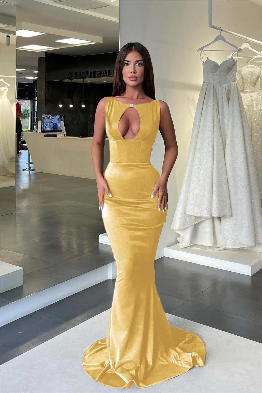 Jewel Neck Sleeveless High Waist Mermaid Formal Dress With Pleated