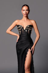 Chic Black Strapless Sleeveless Mermaid Beadings Long Formal Dress With Split