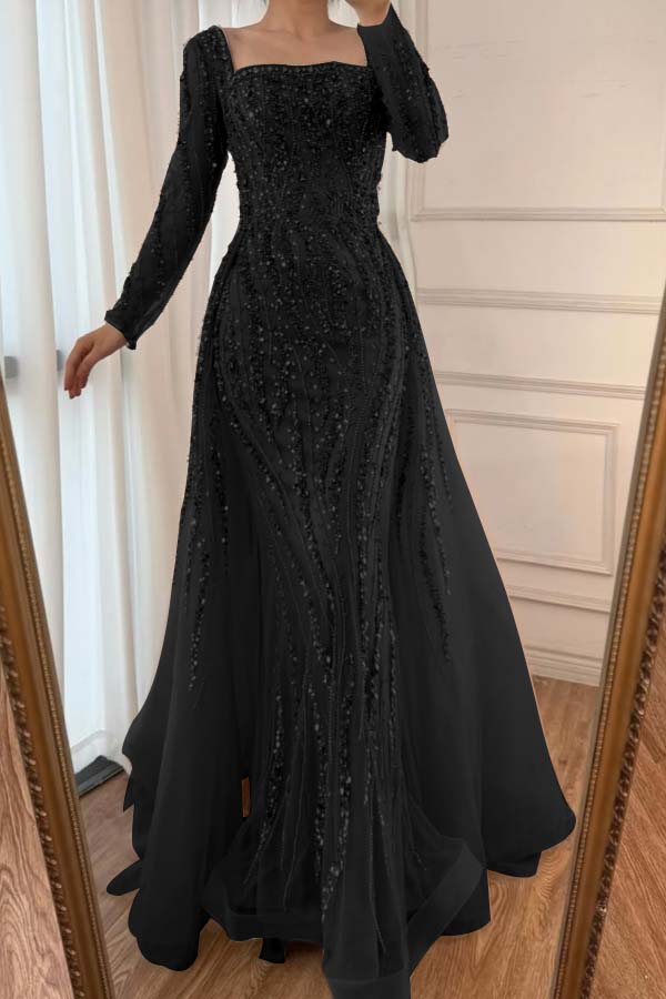 Square Neck Long Sleeves Long Mermaid Formal Dress With Beading Tulle