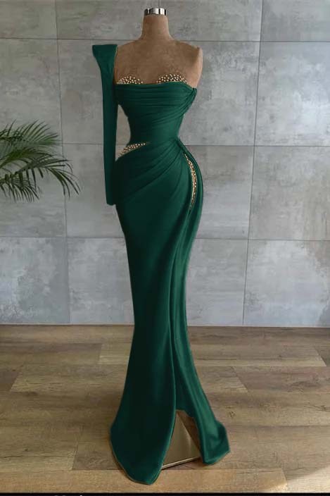 One Shoulder Long Sleeve Long High Split Formal Dress With Beading