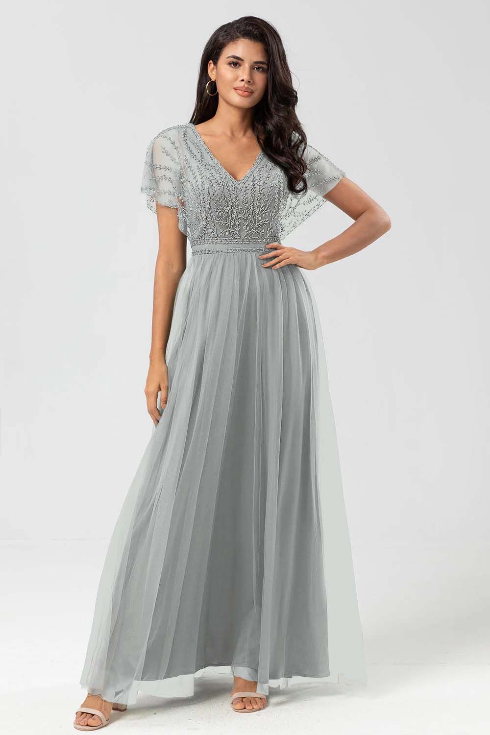 Tulle Short Sleeves V Neck A Line Long Formal Dress With Appliques