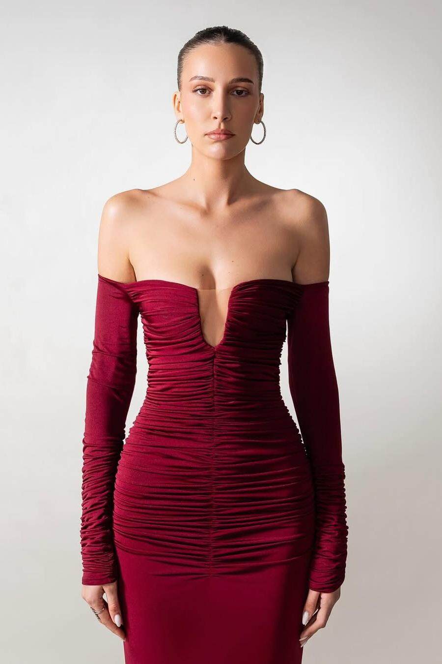 Long Sleeves Strapless Off the Shoulder Long Mermaid Formal Dress With Pleated