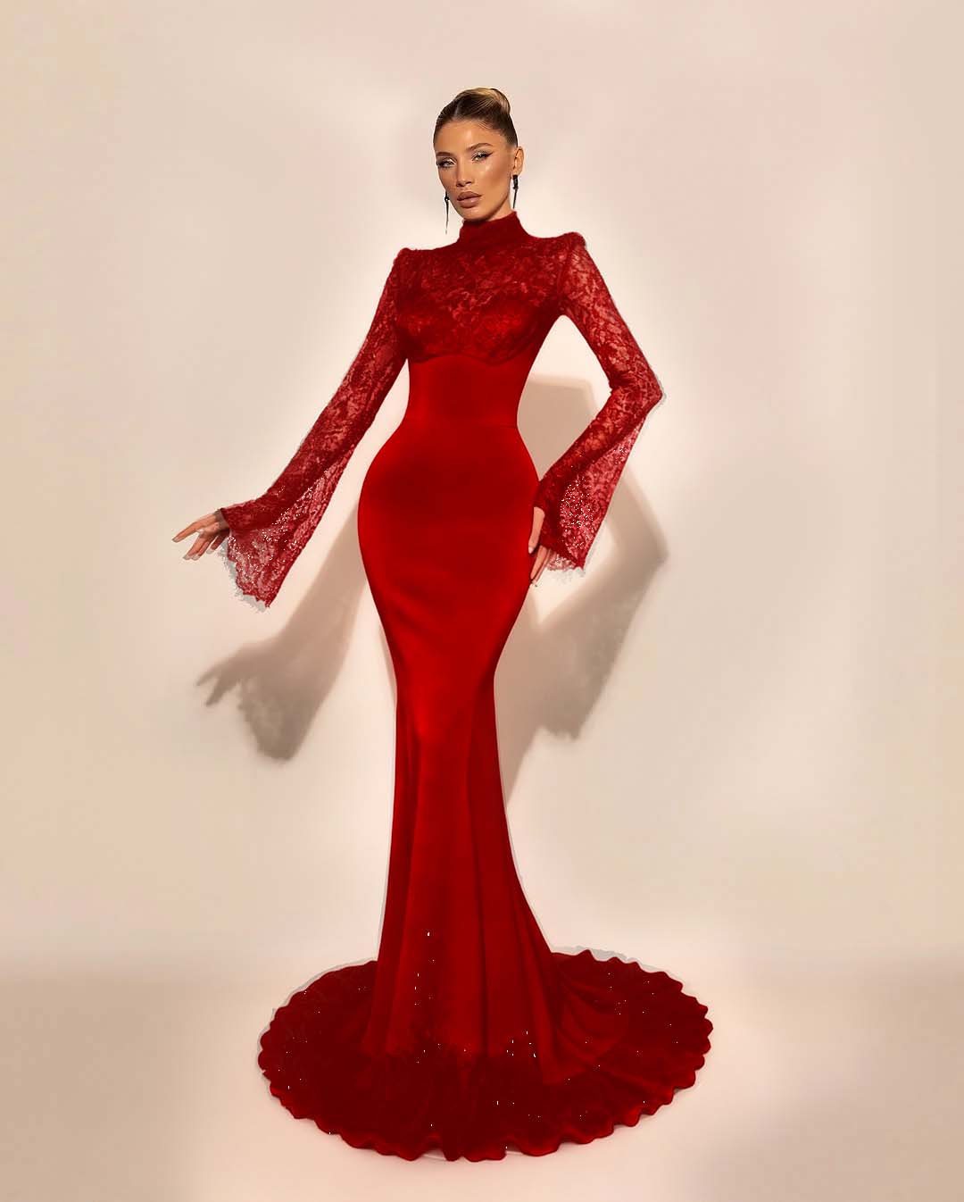 High Neck Lace Long Sleeves Long Mermaid Formal Dress With Pleated