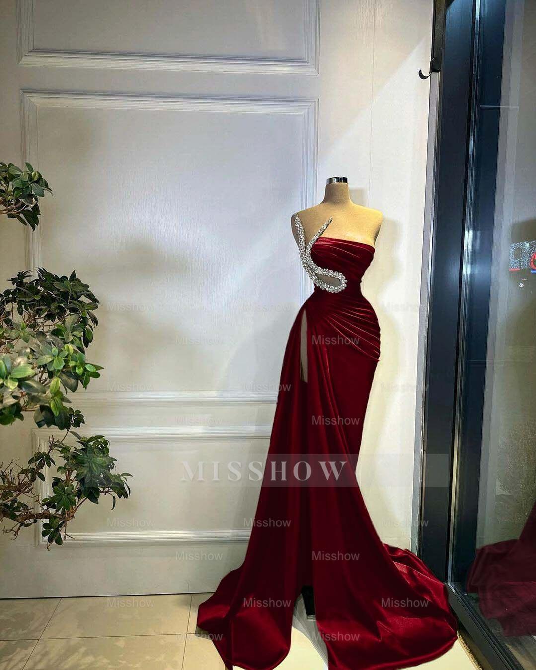 Strapless Sleeveless Long Mermaid Split Formal Dress With Beading