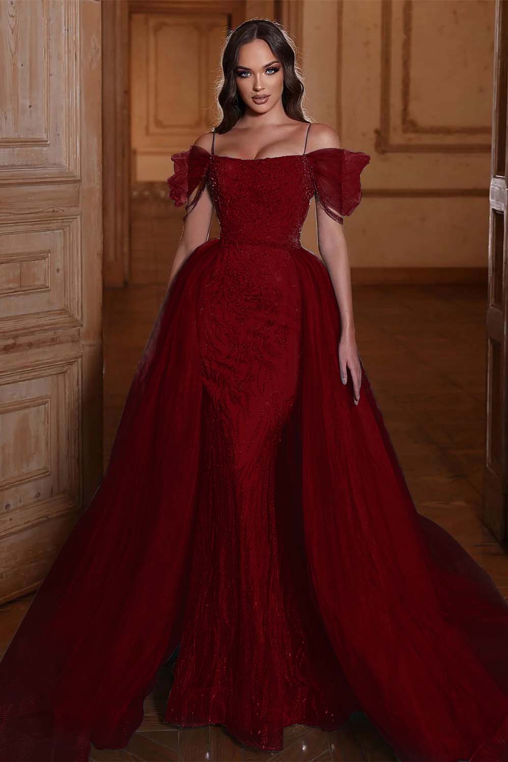 Off the Shoulder Mermaid Formal Dress Tulle Ruffles With Appliques