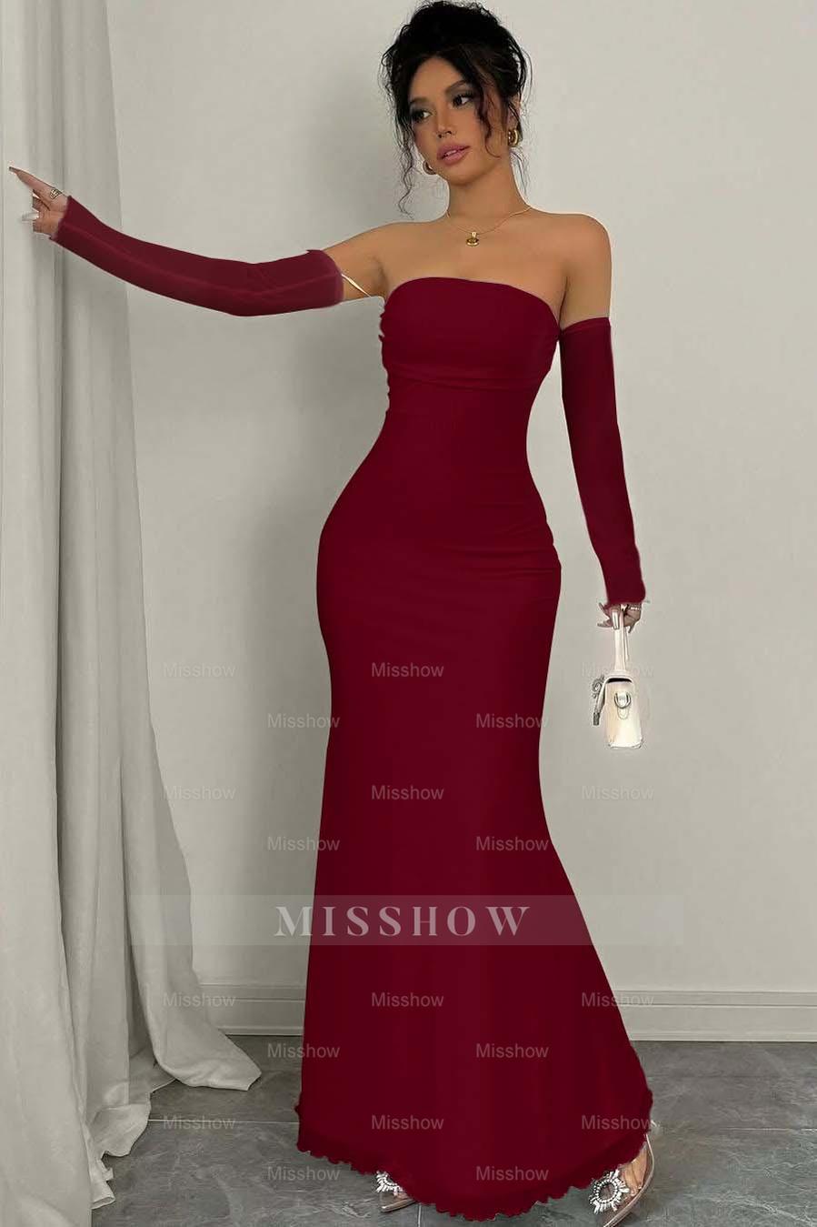 Strapless Long Mermaid Formal Dress With Detachable Sleeves Pleated