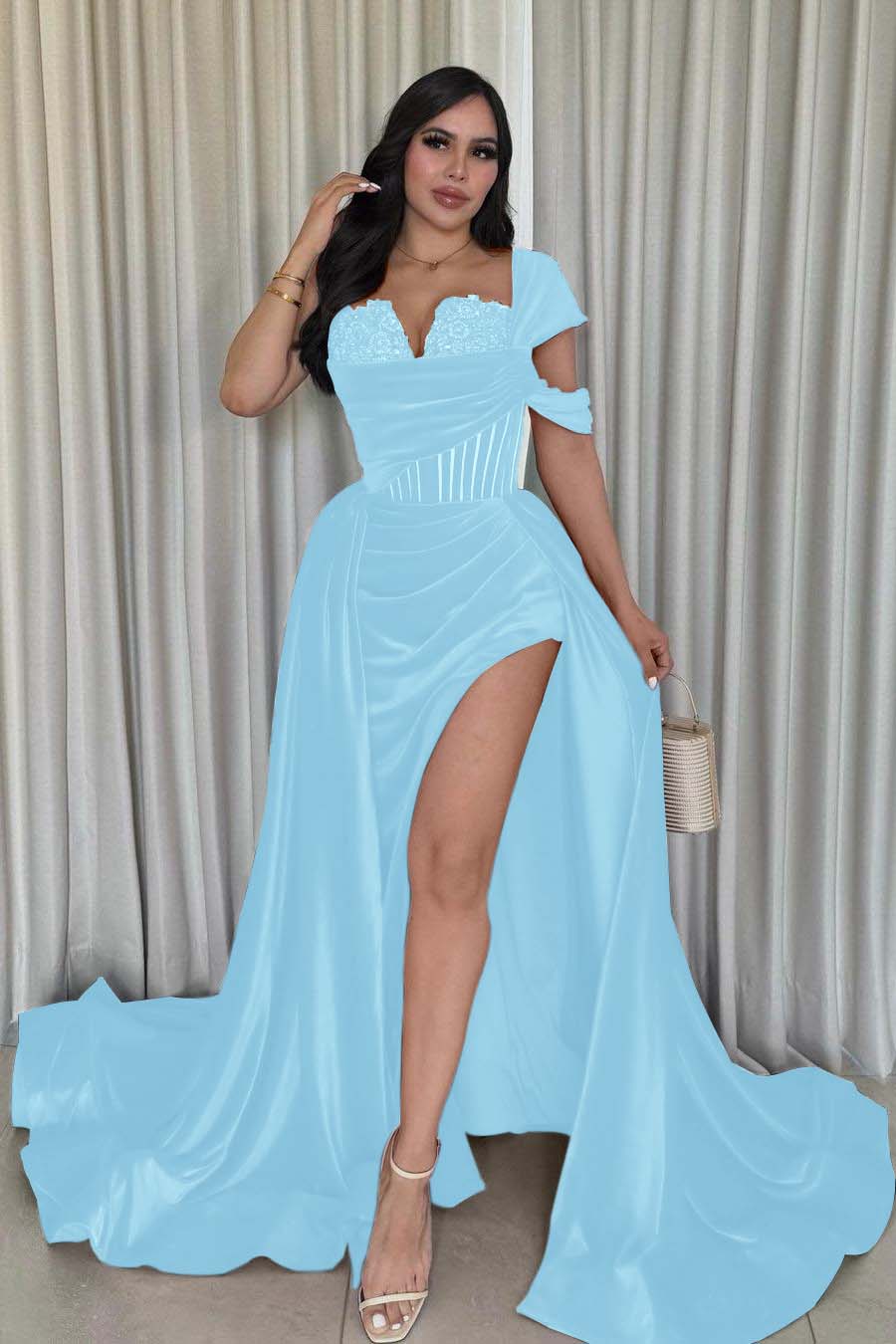 One Shoulder Sleeveless Long Mermaid Formal Dress With Split Pleated