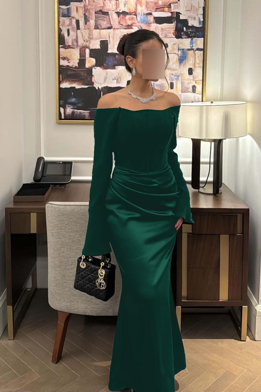 Strapless Long Sleeves Mermaid Long Formal Dress With Pleated