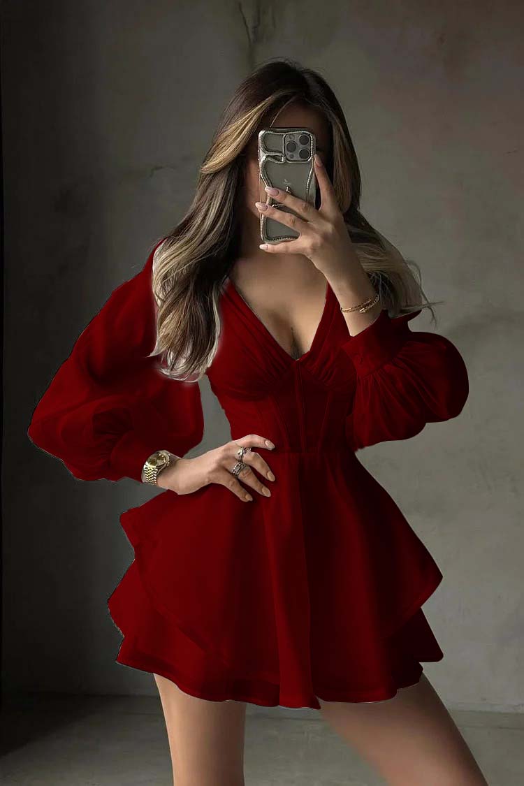 White Long Sleeves V Neck Short Formal Dress With Ruffles Pleated