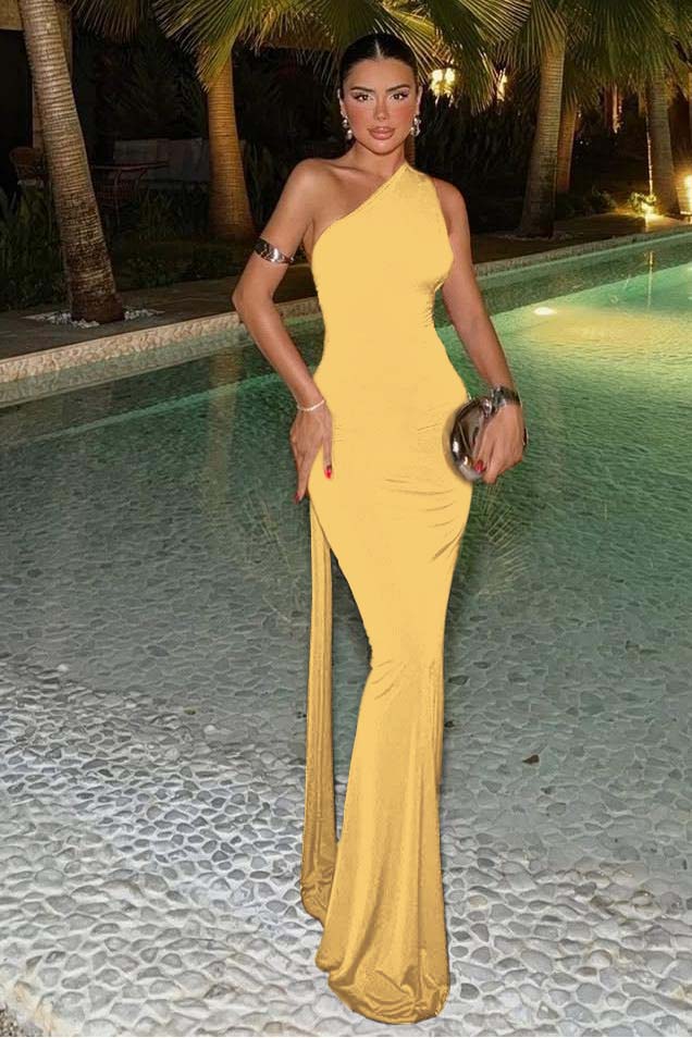 One Shoulder Sleeveless Mermaid Long Formal Dress With Ruffles