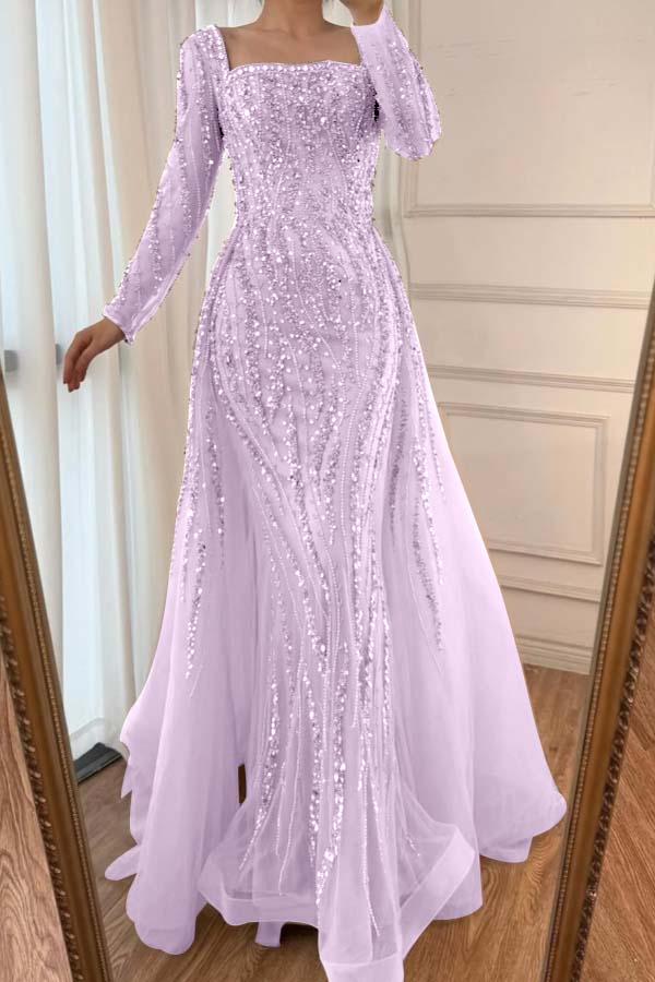 Square Neck Long Sleeves Long Mermaid Formal Dress With Beading Tulle