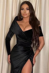 Black Off the Shoulder Long Sleeve Formal Dress With Mermaid Split