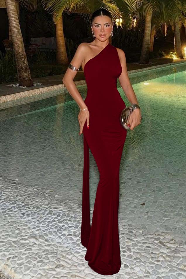 One Shoulder Sleeveless Mermaid Long Formal Dress With Ruffles