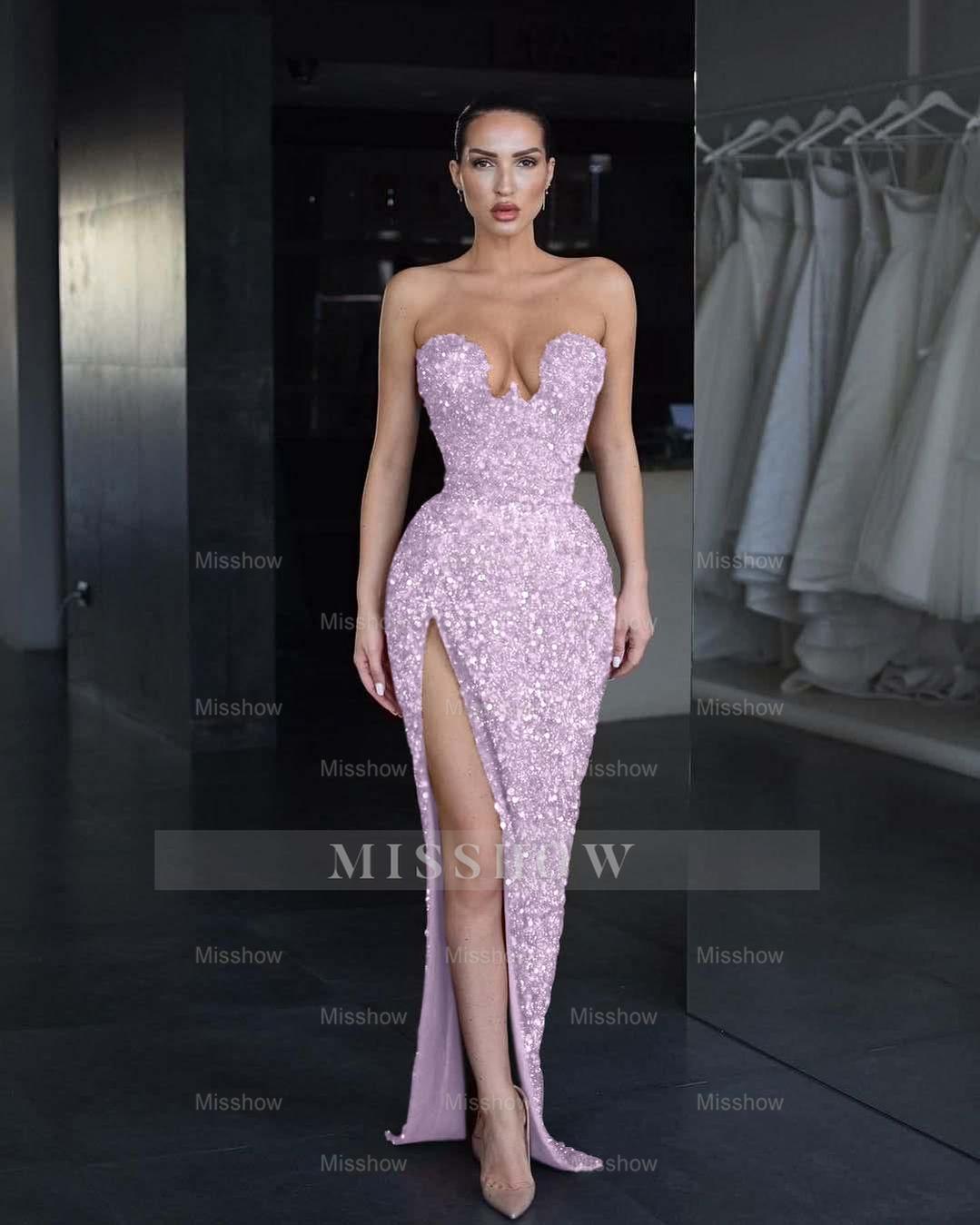 Strapless Sleeveless Long Mermaid Split Formal Dress With Sequins